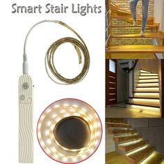 there is a light that is on the stairs and next to it are pictures of steps