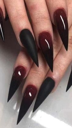 Black Ombre Nails Stilleto, Fall Staleto Nails, Spooky Halloween Nails Stiletto, Goth Bride Nails, Black And Red Coffin Nail Ideas, Fallen Angel Nails, Gothic Coffin Nail Ideas, Halloween Spooky Nails, Witchy Stiletto Nails