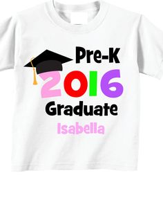 "Featuring adorable tshirts for Pre-K graduation or any grade graduation. You can change the text to read something different than Pre-K graduation by leaving me details in the notes to seller box. HOW TO ORDER : Simply put this information into the \"Notes to Seller\" box or copy and paste it. 1. Name for personalization (optional) 2. Phone number / email (so we can contact you if we have questions on your order) 3. Special requests and Changes you want to make to the design Remember: Double th Customizable Short Sleeve T-shirt For Graduation Gift, Graduation Gift Short Sleeve T-shirt With Text Print, Graduation Gift Text Print T-shirt, Short Sleeve Text Print T-shirt For Graduation, Graduation School Spirit T-shirt For End Of School Year, School Spirit Short Sleeve T-shirt For Graduation Party, School Spirit Tops For Graduation Gift, Pre-shrunk Short Sleeve T-shirt For Graduation Party, Graduation School Spirit T-shirt