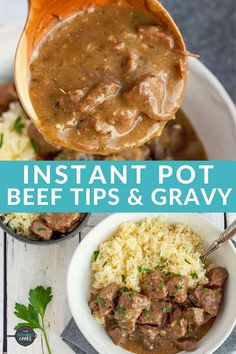 instant pot beef tips and gravy in white bowls with spoons over rice