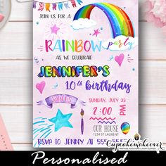 this is an image of a birthday party with rainbows and stars on the front