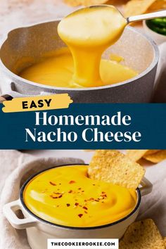 homemade nacho cheese soup in a pot with a spoon