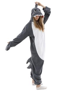 PRICES MAY VARY. ★ MATERIAL: 100% Polar Fleece Pyjamas,Breathable,Comfortable thermal and Soft to touch. Make you become a real shark in those cold days. ★ COZY: Shark Costume for Adult and Teens features buttons,easy to put on and take it off.Side pockets,carry your keys and cell phone around with you.Loose fit design give you freedom.Attached paw-shaped gloves complete the shark costume look. ★ CLEANING :Take good care of your new shark pajamas to prevent fading! The comfortable polyester mate Halloween Costume Onesie, Pig Onesie, Pyjamas Onesie, Shark Onesie, Shark Pajamas, Shark Costume, Adult Onesie Pajamas, Shark Costumes, Funny Pajamas