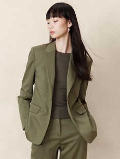 Seahaven Slim Italian Cotton-Linen Blazer | Banana Republic Green Suit Women, Olive Green Suit, Slim Blazer, Suits Design, Green Suit, Peak Lapel, Olive Green Color, Linen Blazer, Twill Fabric