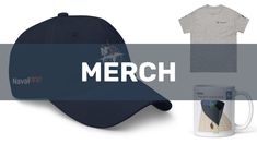 hats, mugs and t - shirts with the words merch on them