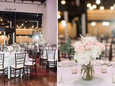 the tables are set up with white and pink flowers in vases on each table