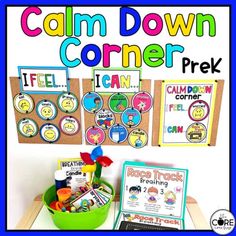 a classroom desk with posters and other items for calm down corner pre k - 2