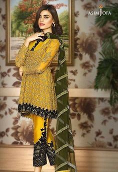 Beautiful chiffon dress by Asim Jofa in green yellow and dark green color in Stylish design embellished with elegant design embroidery. Fast Shipping Worldwide. Green Embroidered Party Wear Dupatta, Fitted Green Salwar Kameez For Party Wear, Semi-stitched Pista Green Georgette Dress, Pista Green Semi-stitched Georgette Dress, Green Embroidered Party Wear Salwar Kameez, Green Bollywood Organza Dresses, Semi-stitched Pista Green Organza Dress, Pista Green Semi-stitched Organza Dress, Designer Green Dresses With Resham Embroidery