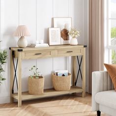 a living room scene with focus on the console table