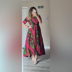 Exotic Maxi Dress, Made In South Africa! Beautiful Vibrant Colors! Length 55” Lufi D Dresses, Pink A-line Maxi Dress, Pink Fitted A-line Maxi Dress, Fitted Pink A-line Maxi Dress, Pink Flowy Maxi Dress With Short Sleeves, Caroline Dress, Gold Lace Dresses, Long Black Maxi Dress, High Neck Maxi Dress