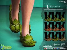 the legs and feet of a woman wearing green shoes with leaves on them are shown