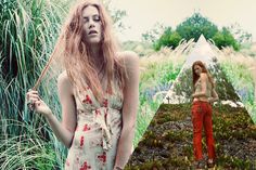 a woman with long red hair standing next to tall grass