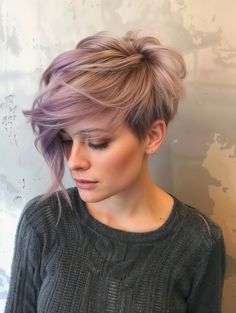 60 Inspiring Short Haircut Ideas for a Fresh New Look Long Pixie Asymmetrical, Lavender Pixie Hair, Pastel Dyed Hair, Pastel Pixie Hair, Purple Pixie Cut, Coloured Pixie Cut, Pastel Pixie, Short Haircut Ideas, Platinum Blonde Pixie