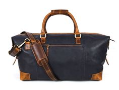 The FH Wadsworth Maidstone Blue Leather Duffle Bag is both stylish and functional. Made from full grain leather, this modern weekender bag brings luxury, durability, and timelessness to any destination. The buttery blue leather is soft to the touch, and complemented with brown leather accents. Exterior zipper pocket Interior zipper pocket Detachable leather strap for shoulder or cross-body wear 21" (Length) x 11" (Height) x 10" (Width) Leather reinforced bottom with heavy duty metal feet Designe Luxury Navy Leather Satchel, Blue Leather Bag With Leather Trim, Blue Leather Shoulder Bag With Leather Trim, Navy Leather Bag With Luggage Sleeve, Navy Leather Shoulder Bag For Travel, Blue Leather Weekender Bag For Everyday Use, Navy Leather Bag With Large Capacity, Blue Leather Rectangular Weekender Bag, Blue Leather Weekender Bag With Leather Handles