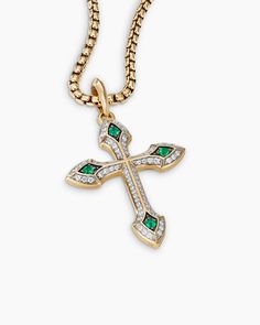 Luxury Yellow Gold Cross Pendant Jewelry, Luxury Green Chain Jewelry, Luxury Tarnish-resistant Cross Jewelry, Luxury Tarnish Resistant Cross Pendant Jewelry, Luxury Tarnish-resistant Cross Pendant Jewelry, Luxury Cross Pendant Jewelry With Polished Finish, Formal Cross Pendant Jewelry With Chain, Emerald Cross, Gothic Cross