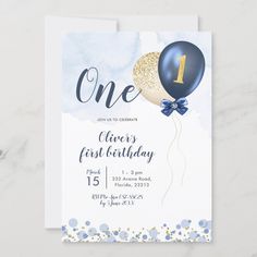 a first birthday party card with balloons and confetti on the front, one is blue