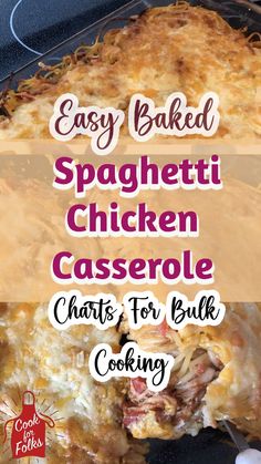 easy baked spaghetti chicken casserole with text overlay