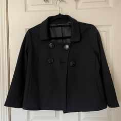 Black Crop Coat. Size Xs. Never Worn. Chic Fitted Black Pea Coat, Black Fitted Pea Coat For Spring, Fitted Black Pea Coat For Spring, Fitted Black Pea Coat For Office, Chic Black Spring Pea Coat, Crop Coat, Coats Black, Cropped Coat, Forever 21 Jacket