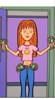 a cartoon girl holding cash in her hands and looking at the camera with money coming out of her pocket