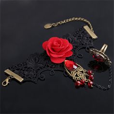 New! Black Lace Wristlet With Red Rose. The Bracelet Has Many Links & Ring Is Adjustable To Fit Most Sizes. Vintage Jewelry Bracelet As A Gift, Vintage Jewelry With Wrist Strap As Gift, Elegant Red Wristlet, Bracelet With Ring, Adjustable Silver Bracelet, Finger Bracelets, Lace Bracelet, Rhinestone Material, Elegant Gothic