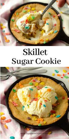 skillet sugar cookie with ice cream and sprinkles