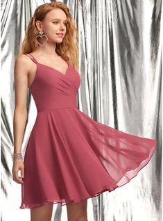 JJ's House Ruffle Chiffon V-Neck Spring A-line Back Zip Sweet & Flow Skater Dresses Simple Cinnamon Rose Height:5.8ft（176cm） Bust:32in（82cm）Waist:24in（61cm）Hips:35in（89cm） No Short Red Model Name:Katy  Height:5.7ft（173cm）  Bust:40in（101cm）  Waist:32in（83cm）  Hips:44. #JJ's House #Ruffle #Chiffon #VNeck #Spring #Aline #BackZip #Sweet&Flow #SkaterDresses #Simple #CinnamonRose #No #Short #Red Chiffon Dress Short, School Dance Dresses, Ruffle Prom Dress, Mini Prom Dresses, Formal Dresses For Teens, Hoco Dresses Short, Mini Homecoming Dresses, Dress Chiffon, A Line Prom Dresses