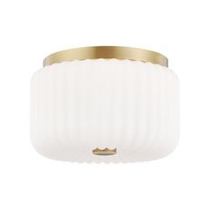 a white and gold ceiling light with a glass shade on the bottom, against a white background