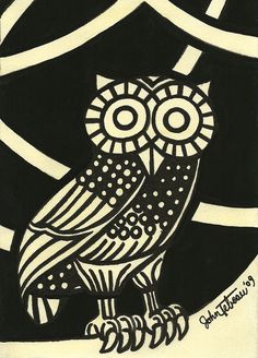 black and white drawing of an owl sitting on a branch with circles in the background