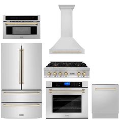 the kitchen appliances are all white and have gold trimmings on their doors, windows, drawers, and hoods