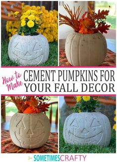 cement pumpkins for your fall decor with flowers in the center and leaves on top