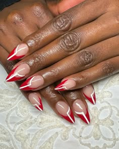 Crimson And Cream Nails, French Tip Nails Fall Colors, Red French Toe Nails, Red Nail Tips Designs, Red French Tip Nails Coffin, Red Nails With Designs, Fall French Nails, Nail Ideas For 2023, Red French Tip Nails