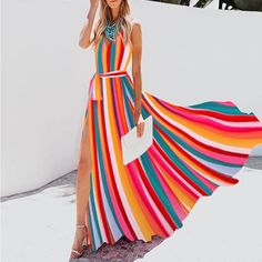 Beach Vacay, Vacay Outfits, Rainbow Dress, 1960s Fashion, Vacation Dresses, Beach Dresses, Beach Dress, Striped Dress, Skirt Fashion