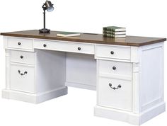 a white desk with two drawers and a lamp on top of it, in front of a white background