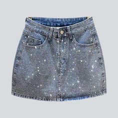 Crystal-embellished mini denim skirt Denim Skirts Online, Womens Denim Skirts, Mini Denim Skirt, Embellished Denim, Dressy Outfits, Look Chic, Fashion Sense, Distressed Denim, Unique Fashion