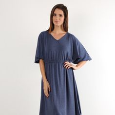 Solid, 3/4 Sleeve Maxi Dress In A Relaxed Style With A V-Neck, A Cinched Waist And A Hi-Lo Hem, Jersey, Rayon 95 % Spdx 5%. Made In Usa Denim Blue V-neck Beach Dress, Denim Blue V-neck Dress For Beach, Blue Denim V-neck Dress, Casual Washed Blue V-neck Dress, Casual Dark Wash V-neck Dress, Dark Wash Denim V-neck Dress, Blue Bandage Dress, 1940s Fashion Dresses, One Sleeve Dress