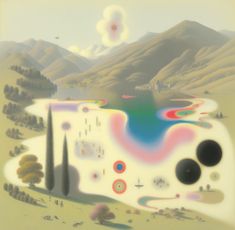 an abstract painting with trees and mountains in the background, including circles that appear to be colored