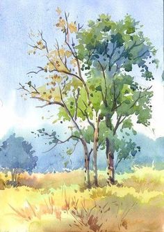 watercolor painting of two trees in a field