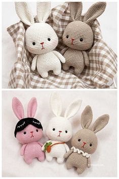 crocheted stuffed animals sitting next to each other on a white sheet with checkered material