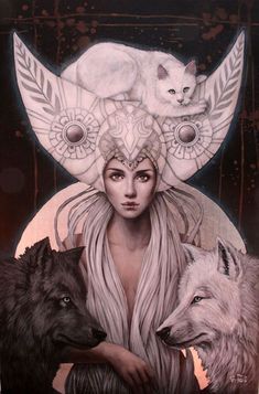 a woman with two wolfs and a cat on her head, surrounded by other animals