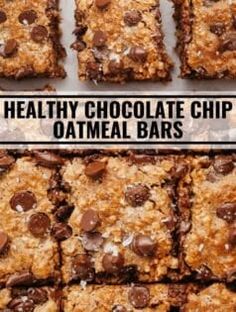 healthy chocolate chip oatmeal bars stacked on top of each other with text overlay