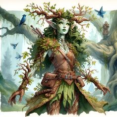 a painting of a woman with green hair and an elf costume standing in the woods