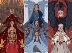 three different scenes of game of thrones with the same woman in red and white