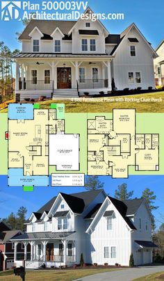 two story house plans with porches and garages on the front, side and back sides