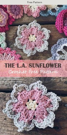 the la sunflower crochet free pattern is shown in pink, white and blue