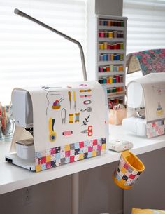 a sewing machine sitting on top of a counter