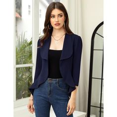 Elevate your wardrobe with the WhizMax Women's Business Casual Blazer, a perfect blend of sophistication and comfort. This navy blue cropped suit jacket is designed to enhance your professional attire while keeping you comfortable throughout the day.

- **Color:** Navy Blue
- **Size:** Small (refer to size chart for more details)
- **Material:** Premium, lightweight, skin-friendly fabric with a stretch
- **Sleeve Length:** 3/4 Sleeve
- **Features:** Draped open front, flowy drape ruffle hem, lap Solid 3/4 Sleeve Summer Outerwear, Blue 3/4 Sleeve Outerwear For Fall, Solid Summer Cardigan With 3/4 Sleeve, Spring Office Cardigan In Solid Color, Elegant Open Front Solid Color Blazer, Tailored Spring Cardigan, Fitted Cardigan With 3/4 Sleeves For Work, Casual Fitted Open Front Blazer, Blue Long Sleeve Formal Cardigan