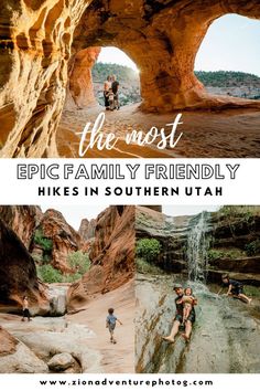 the most epic family friendly hikes in southern utah, including hiking through red rock formations