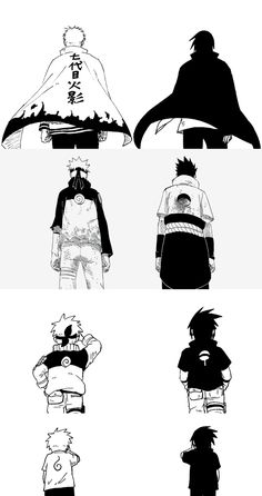 the silhouettes of different anime characters are shown in black and white, including one man with