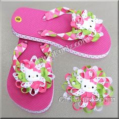 hello kitty flip flops with flowers and bows on the bottom for girls to wear