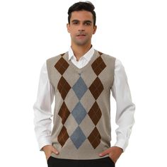 An essential choice for vintage style wearing. The simple argyle print design makes it easier to match your other clothes. The classic style and the nice soft fabric make this knitted sweater vest an on-trend essential. A good gift for families, friends, boyfriends, or husbands. Suitable for any occasion. Comfortable to wear with casual pants or suit pants. Fall Argyle Pattern V-neck Sweater Vest, Fall V-neck Argyle Sweater Vest, Fitted Argyle Sweater Vest For Winter, Fall Argyle Pattern Sleeveless Sweater Vest, Casual Argyle Pattern Vest For Fall, Sleeveless Argyle Sweater Vest For Winter, Argyle Pattern Sleeveless Vest For Winter, Casual Sleeveless Argyle Sweater Vest, Argyle Print